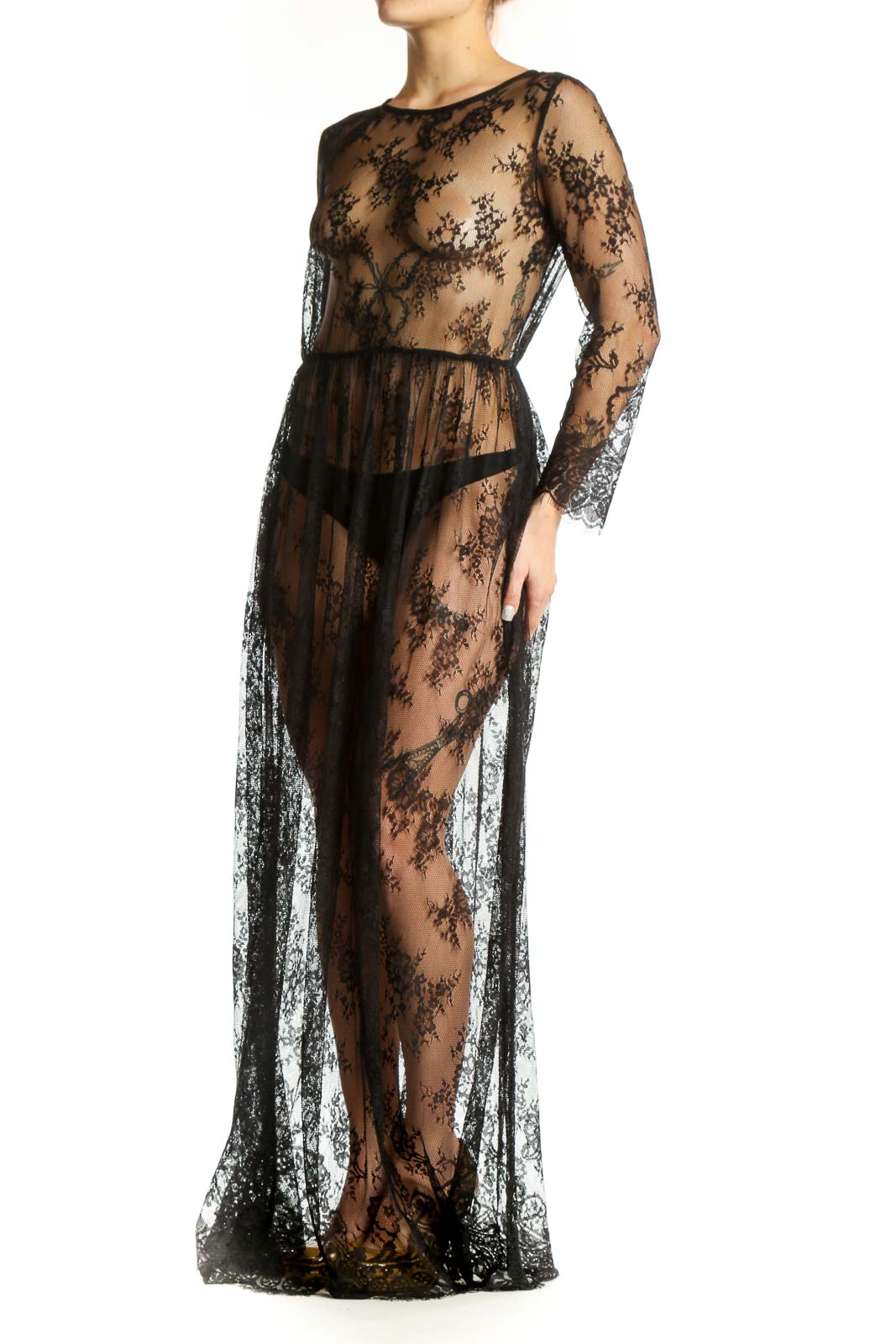 Black lace long sleeve maxi dress with floral overlay and fitted waistband, front view