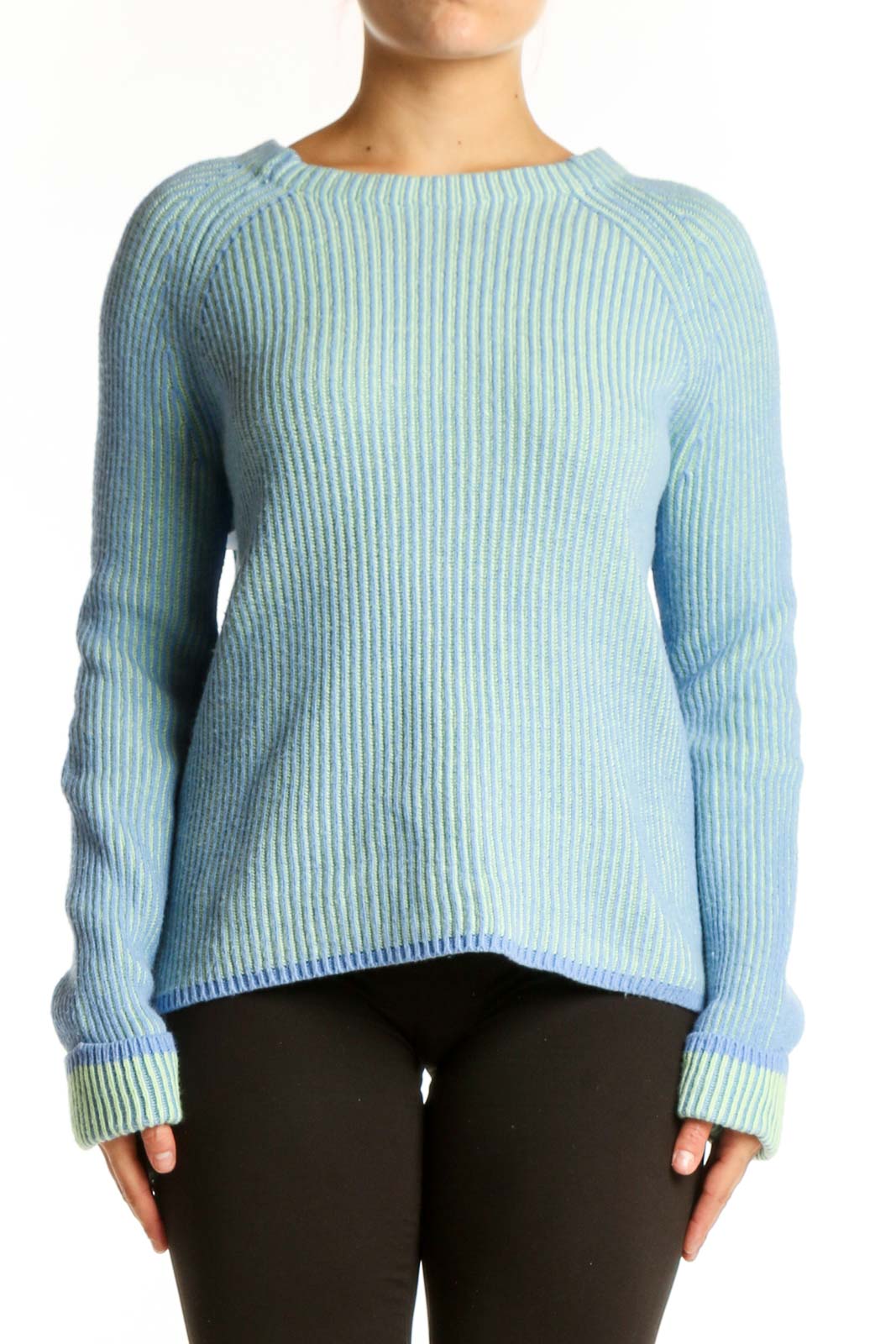 Front view of blue ribbed knit pullover sweater with crew neckline and contrast green and coral ribbed cuffs