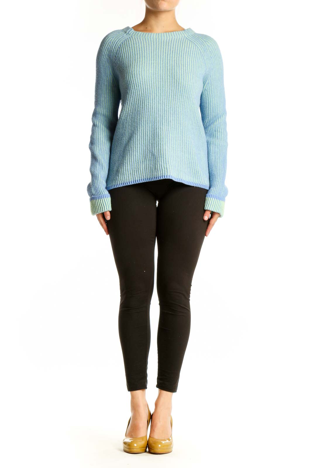 Front view of blue ribbed knit pullover sweater with crew neckline and contrast green and coral ribbed cuffs