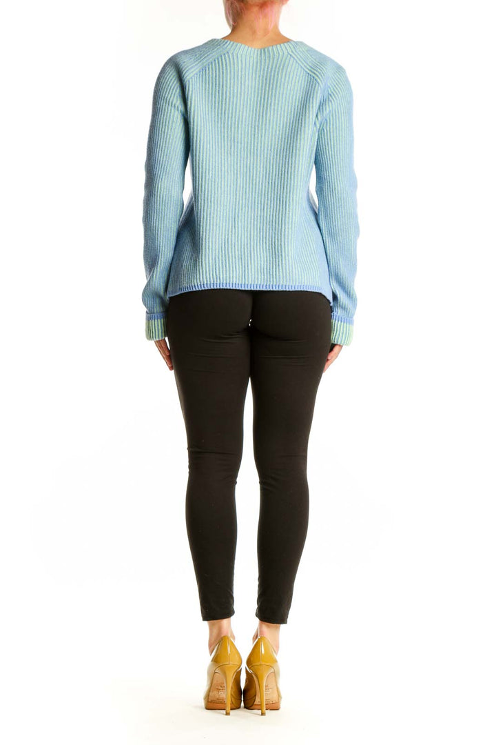Back view of blue ribbed knit pullover sweater showing relaxed fit and vertical ribbed texture detail