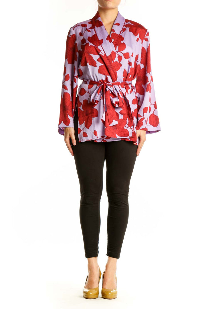 Ann Taylor red and lavender floral wrap blouse with long sleeves and adjustable tie belt, front view