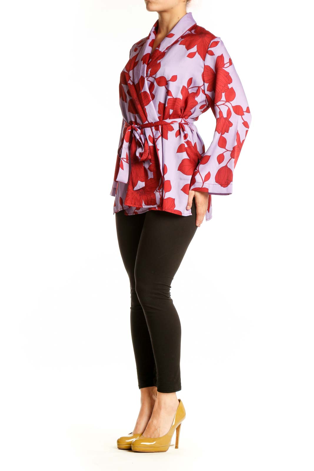 Ann Taylor red and lavender floral wrap blouse with long sleeves and adjustable tie belt, front view