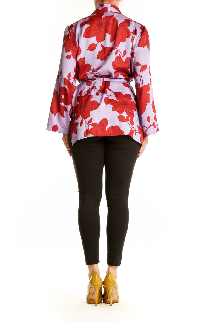 Ann Taylor red and lavender floral wrap blouse with long sleeves and tie belt, back view