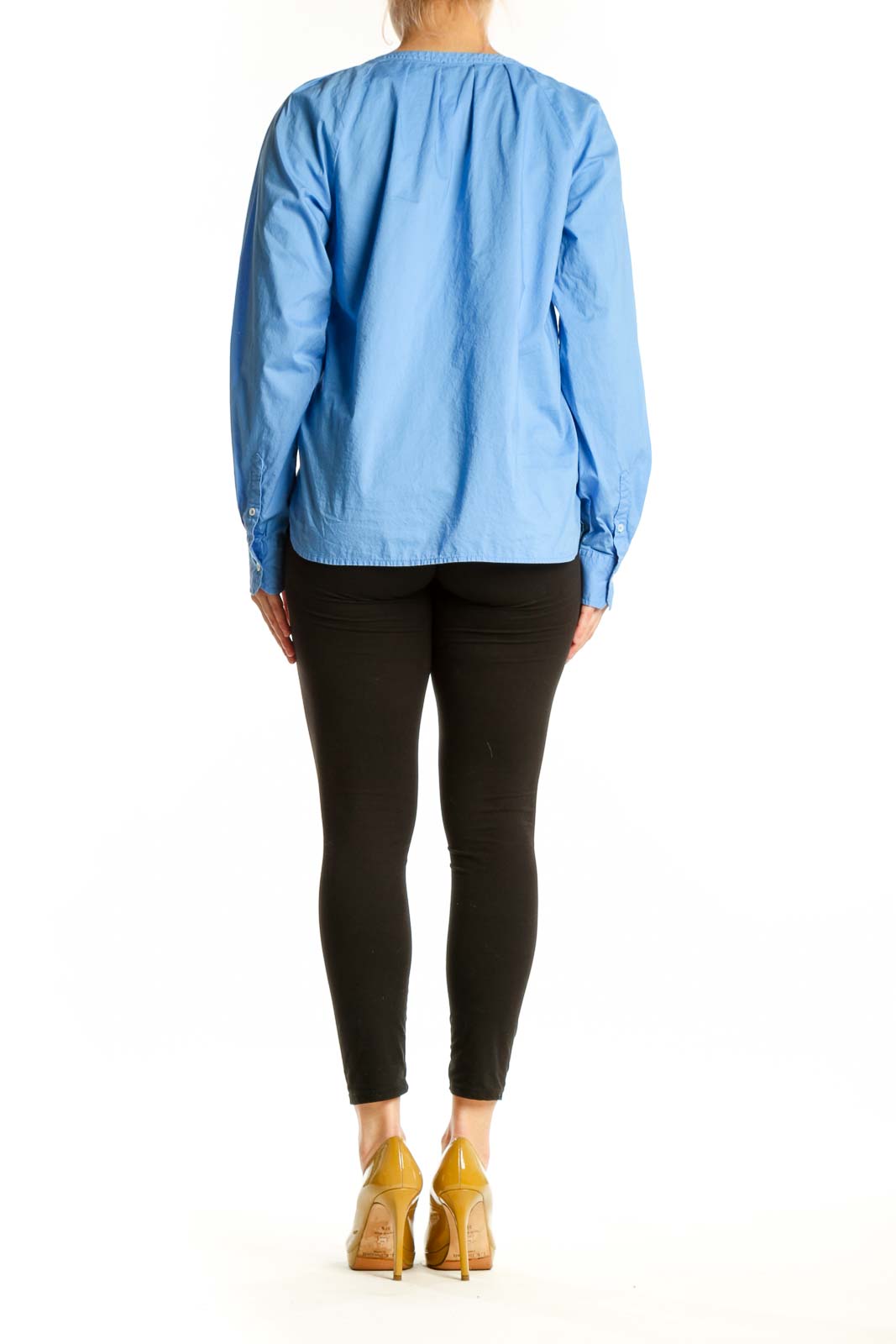 Blue cotton long sleeve henley top, back view showing relaxed fit and sleeve detail