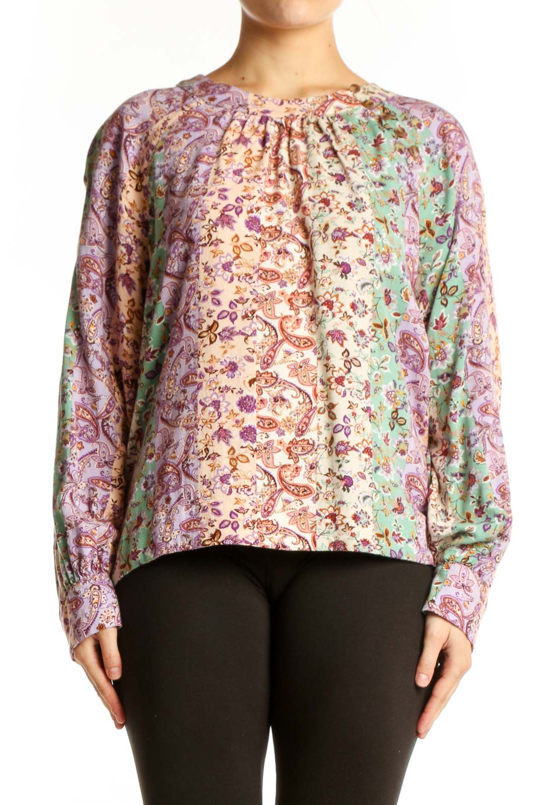 LOFT multicolor floral viscose blouse with long sleeves and gathered neckline, front view