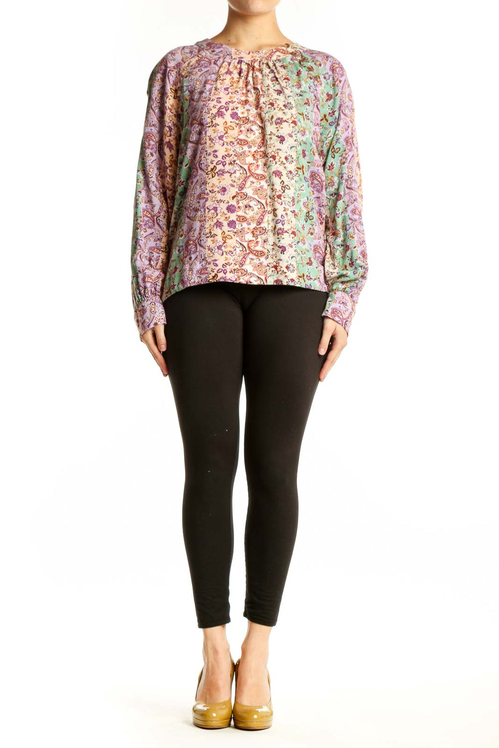 LOFT multicolor floral viscose blouse with long sleeves and gathered neckline, front view