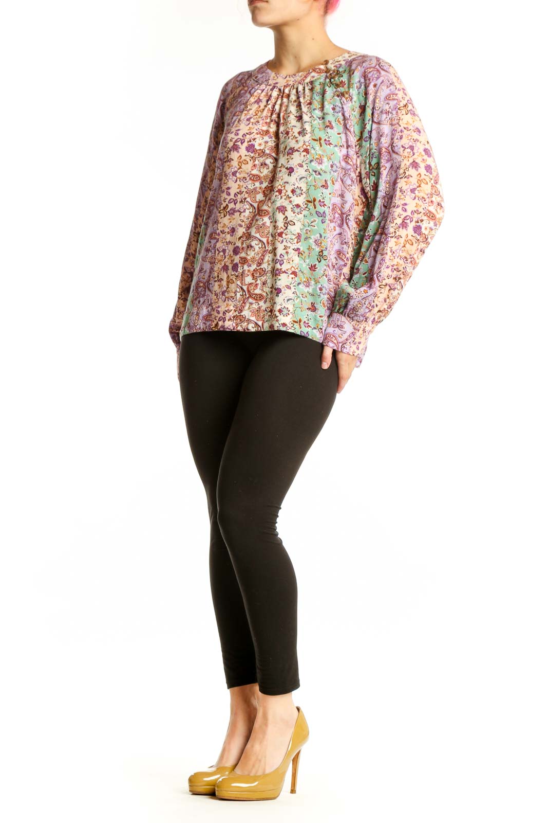 LOFT multicolor floral viscose blouse with long sleeves and gathered neckline, front view