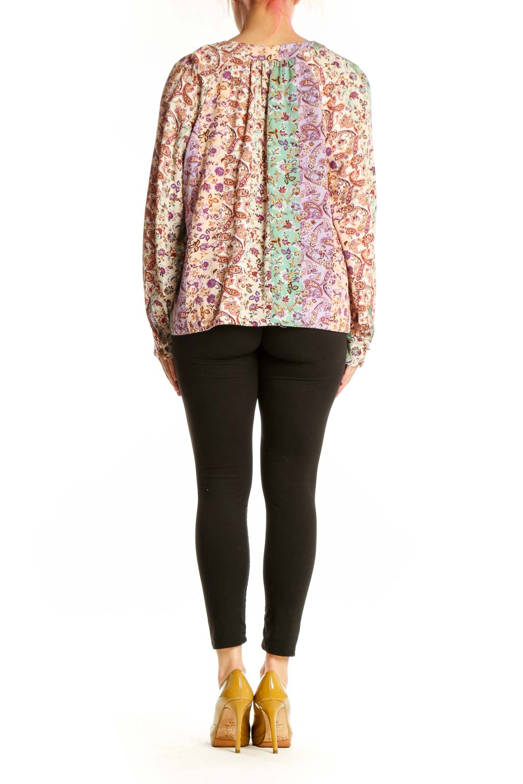 LOFT multicolor floral viscose blouse with long sleeves and gathered neckline, back view