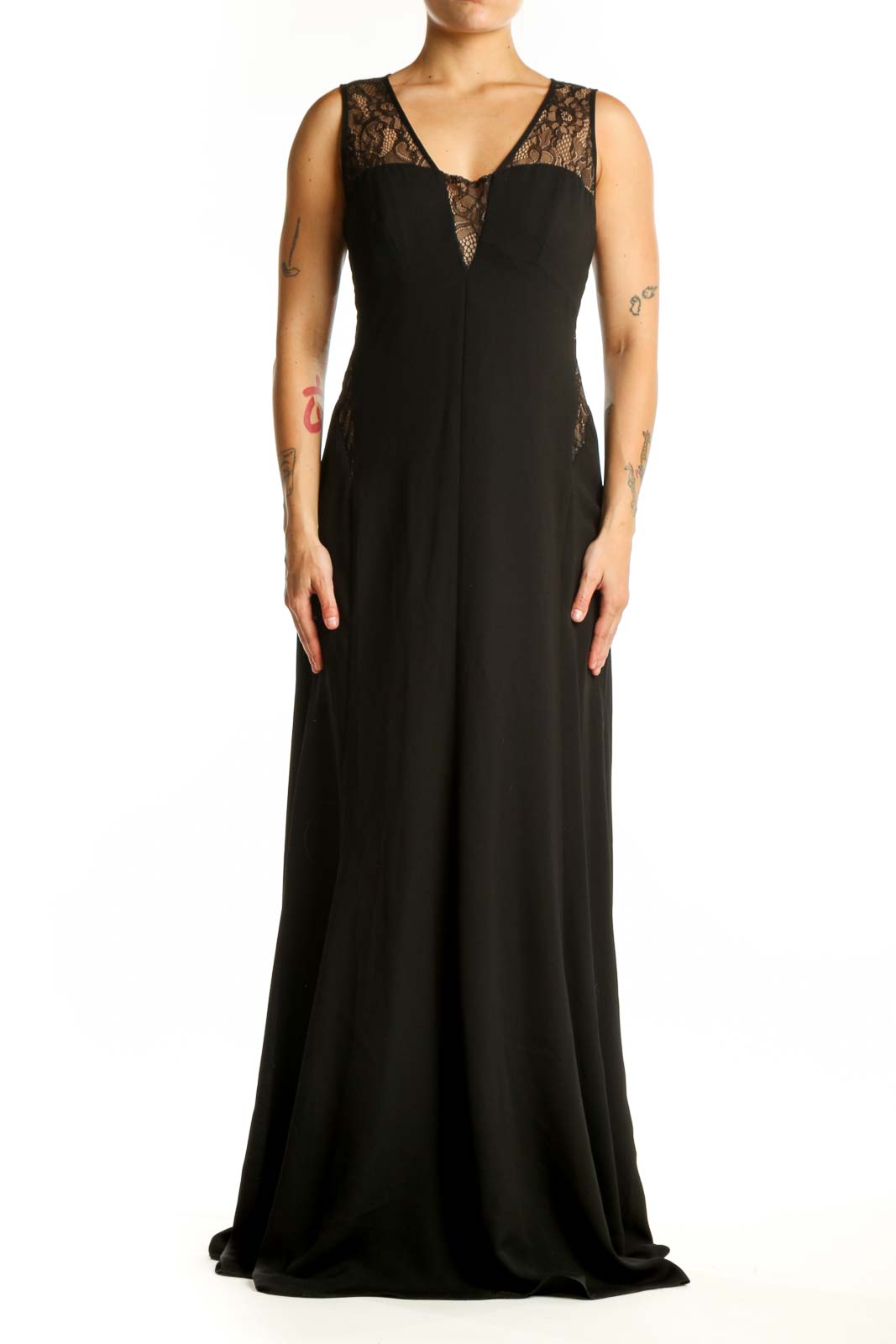 Black lace evening gown with V-neckline and lace shoulder detailing, front view