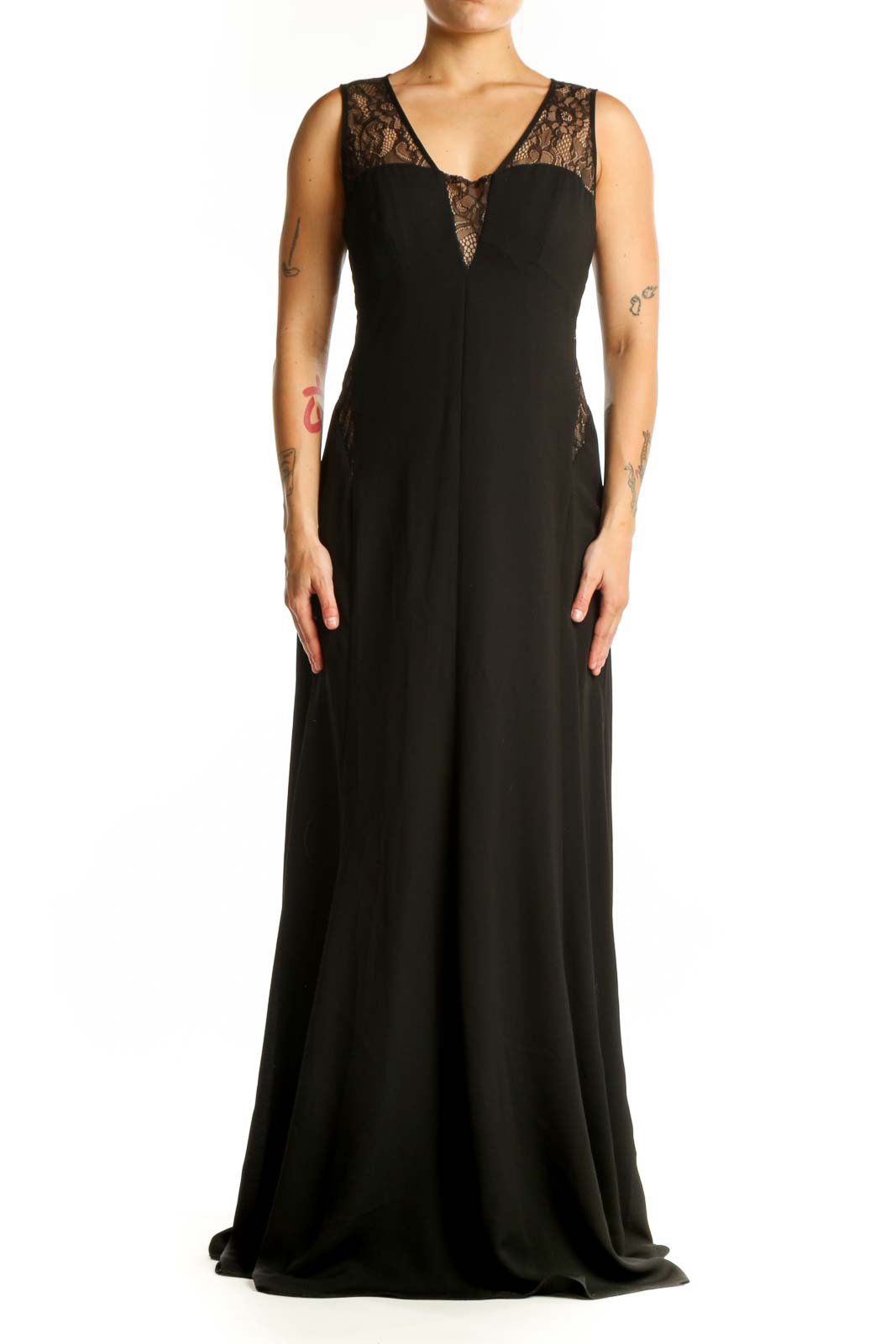 Black lace evening gown with V-neckline and lace shoulder detailing, front view