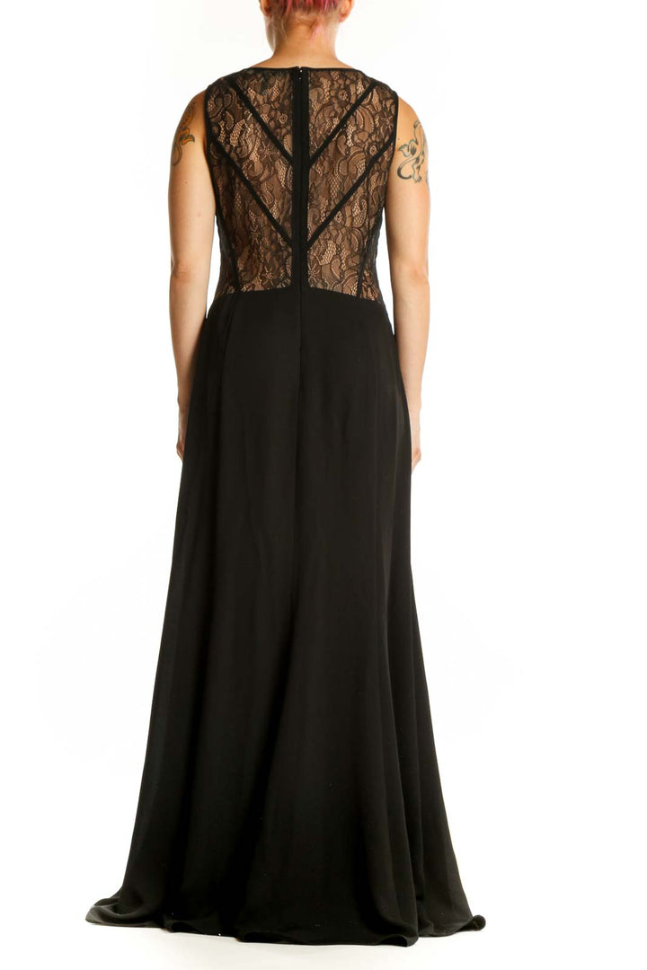 Black lace evening gown with lace panel back detail, rear view