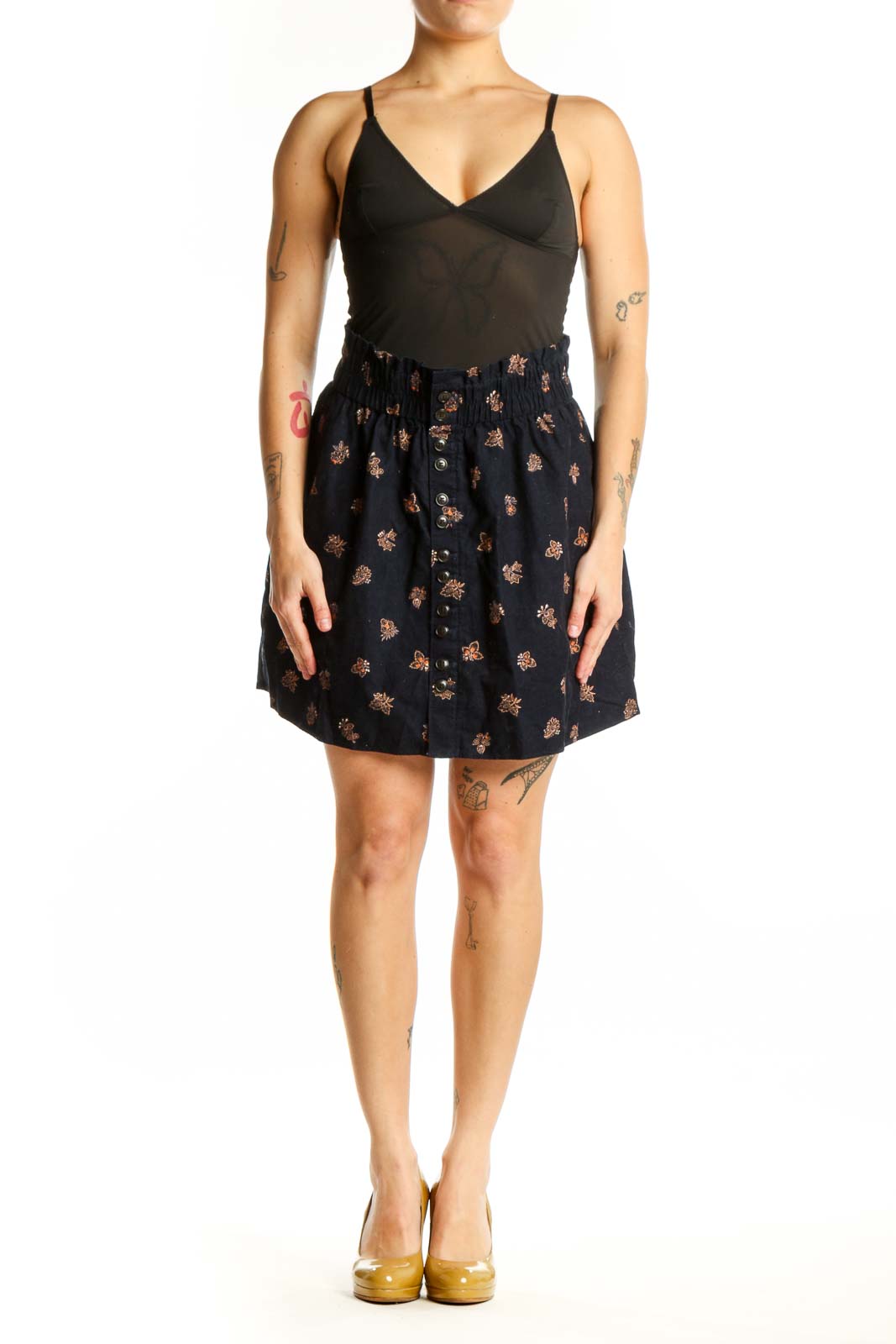Navy floral button-front shorts with rust and gold print, gathered waistband, and A-line cut