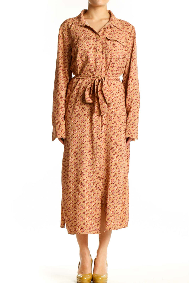 Beige floral button-down Lucky Brand midi dress with tie waist, front view on model