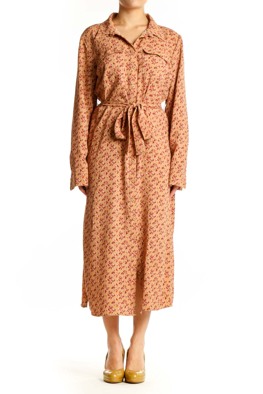 Beige floral button-down Lucky Brand midi dress with tie waist, front view on model