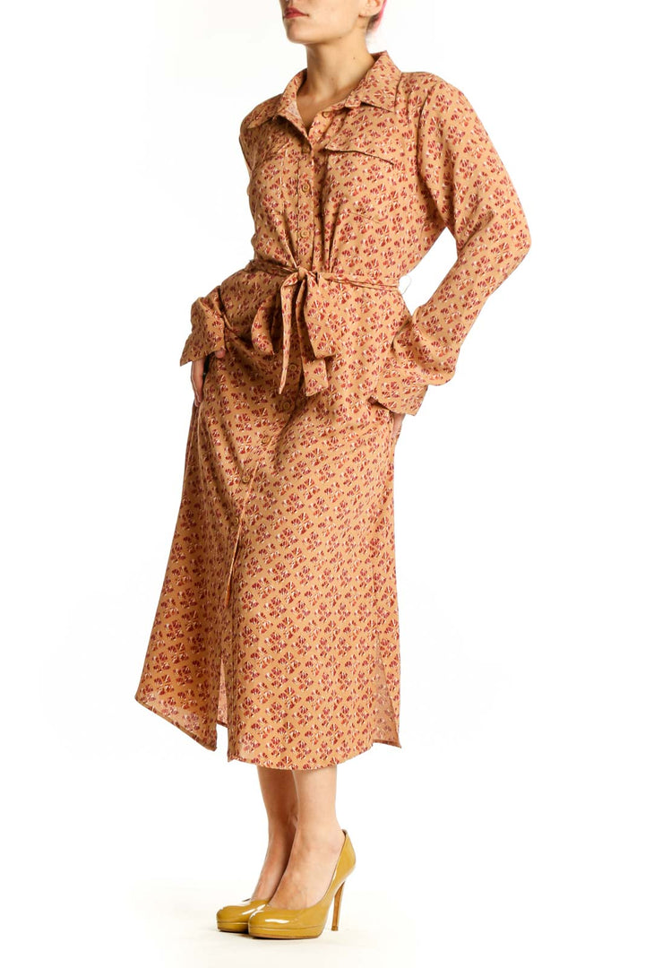 Beige floral button-down Lucky Brand midi dress with tie waist, front view on model