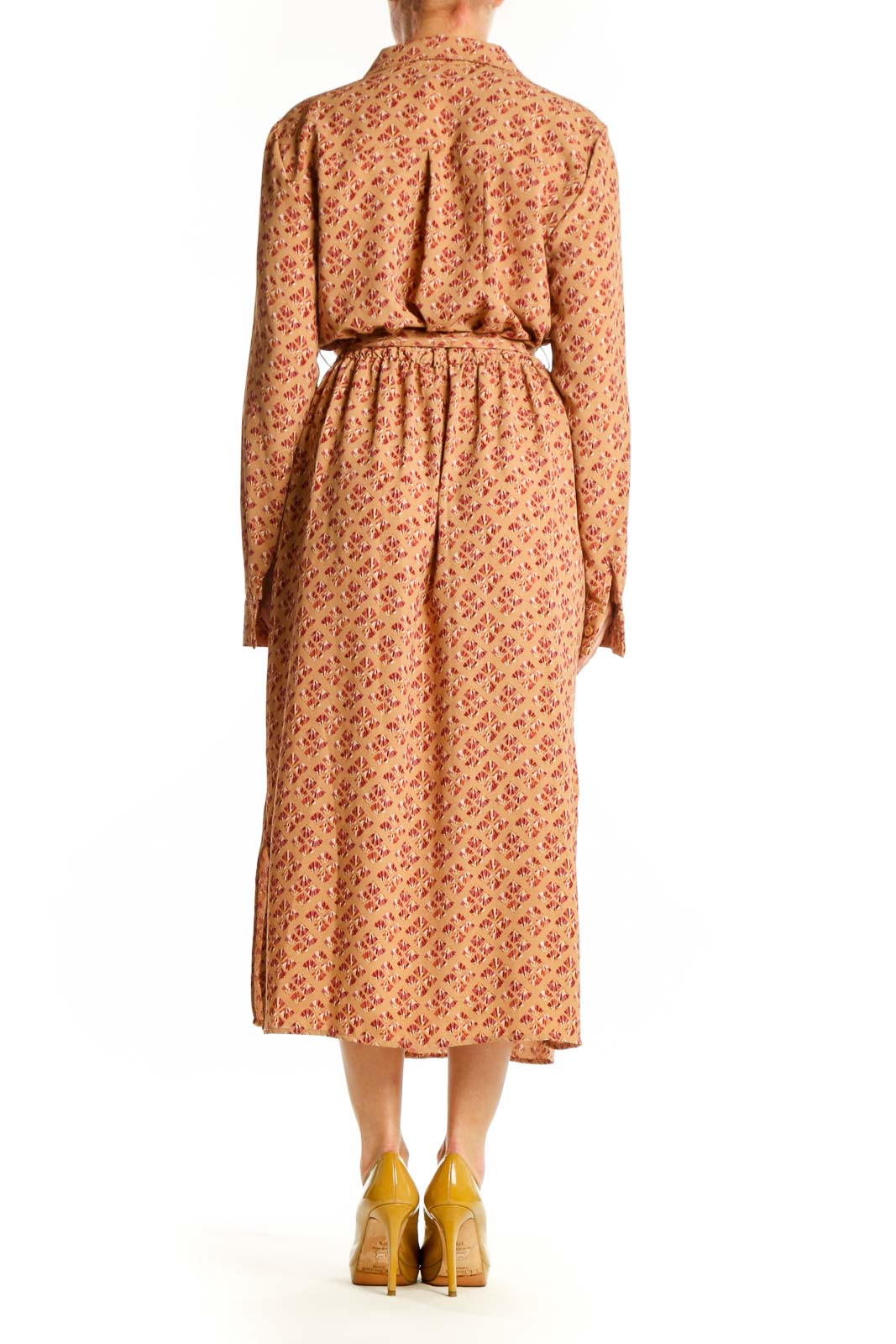 Beige floral button-down Lucky Brand midi dress with tie waist, back view on model