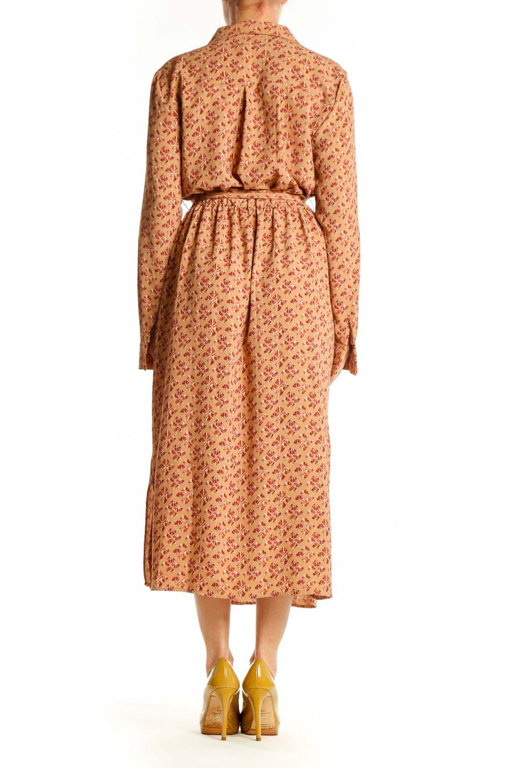 Beige floral button-down Lucky Brand midi dress with tie waist, back view on model