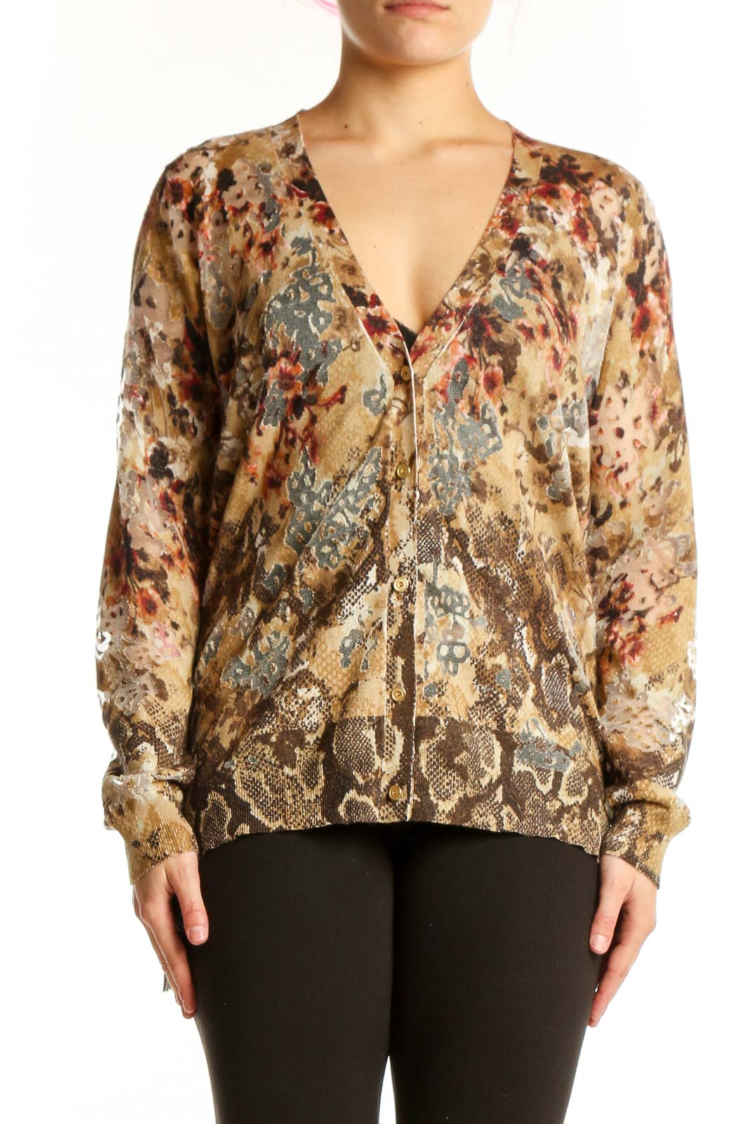 Beige floral and geometric patterned cashmere silk blouse with V-neckline and button-front closure, front view