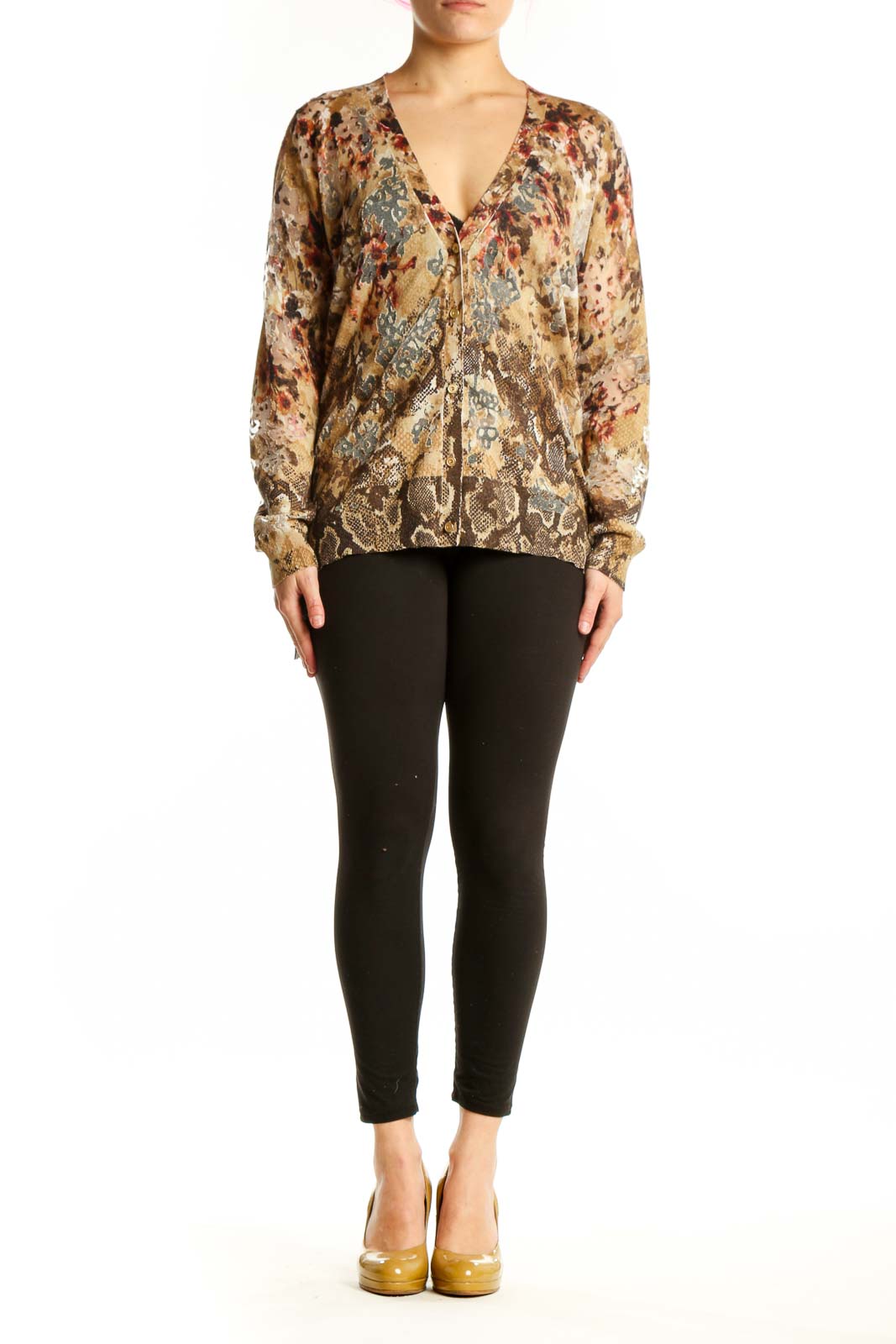 Beige floral and geometric patterned cashmere silk blouse with V-neckline and button-front closure, front view
