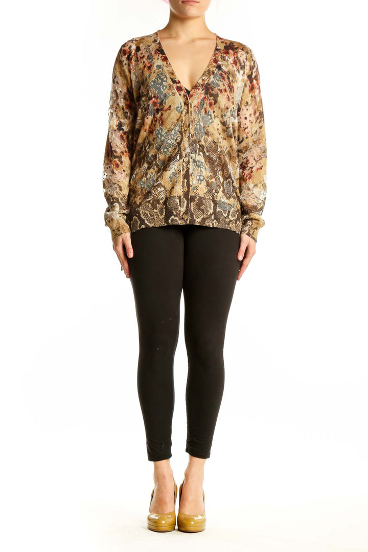 Beige floral and geometric patterned cashmere silk blouse with V-neckline and button-front closure, front view