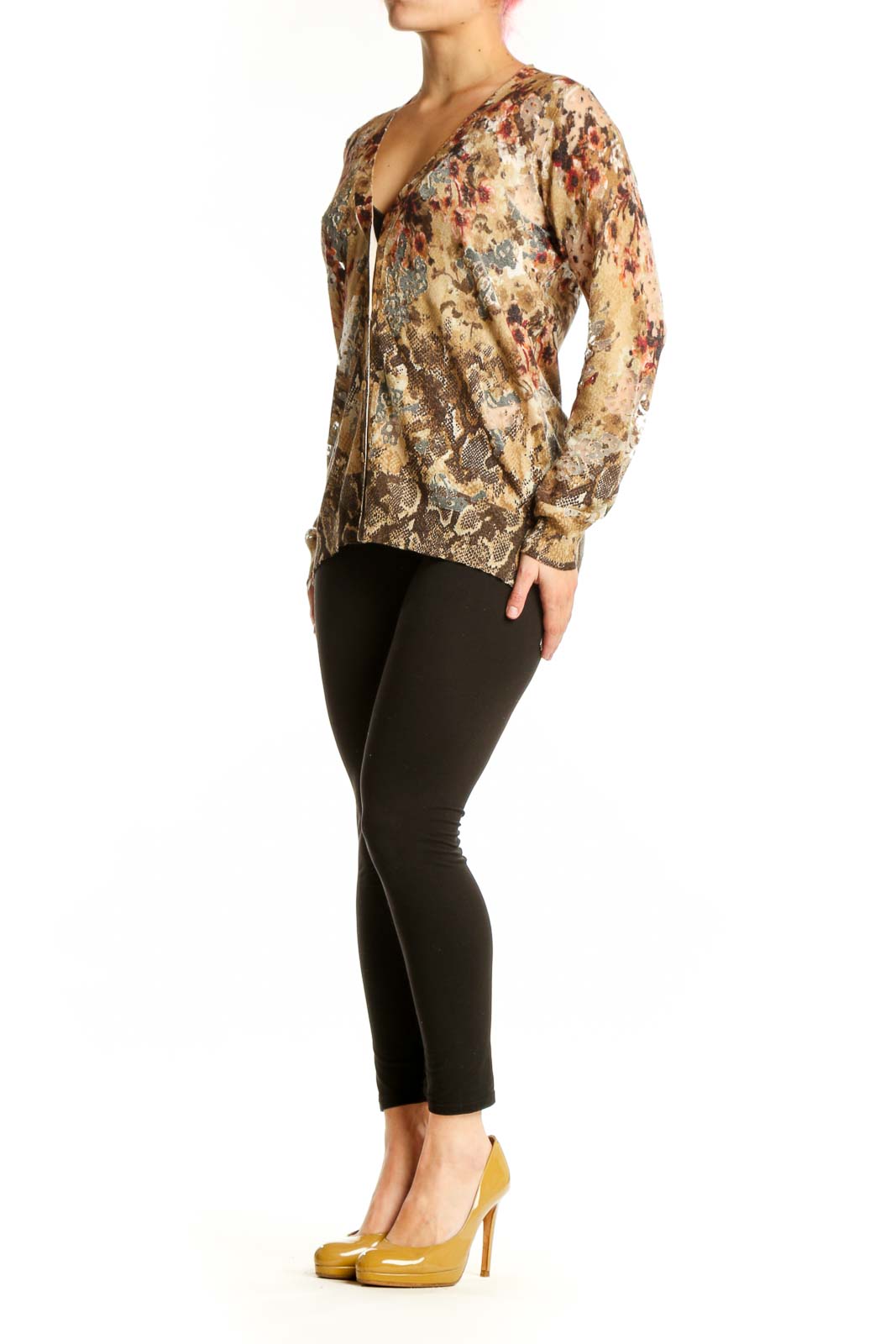 Beige floral and geometric patterned cashmere silk blouse with V-neckline and button-front closure, front view