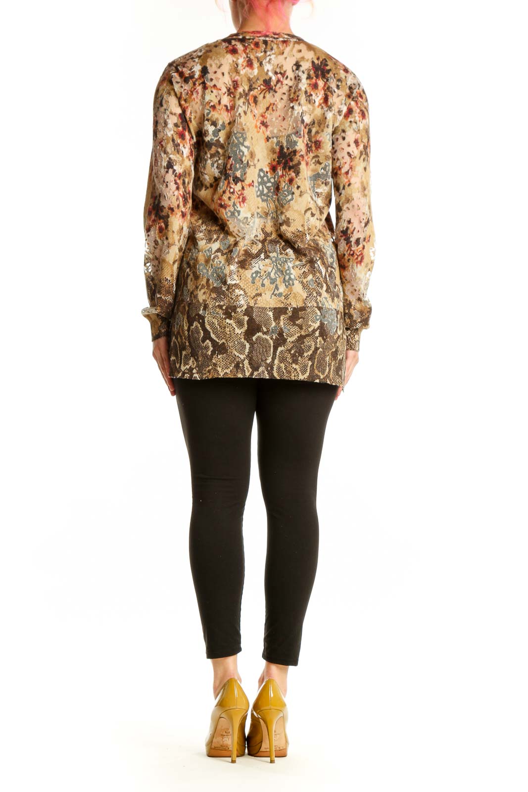 Beige floral and geometric patterned cashmere silk blouse with long sleeves and gathered cuffs, back view