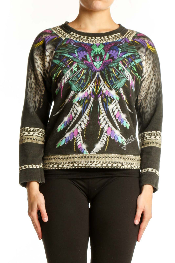 Black wool jacquard sweater with vibrant embroidered butterfly design and gold trim, front view