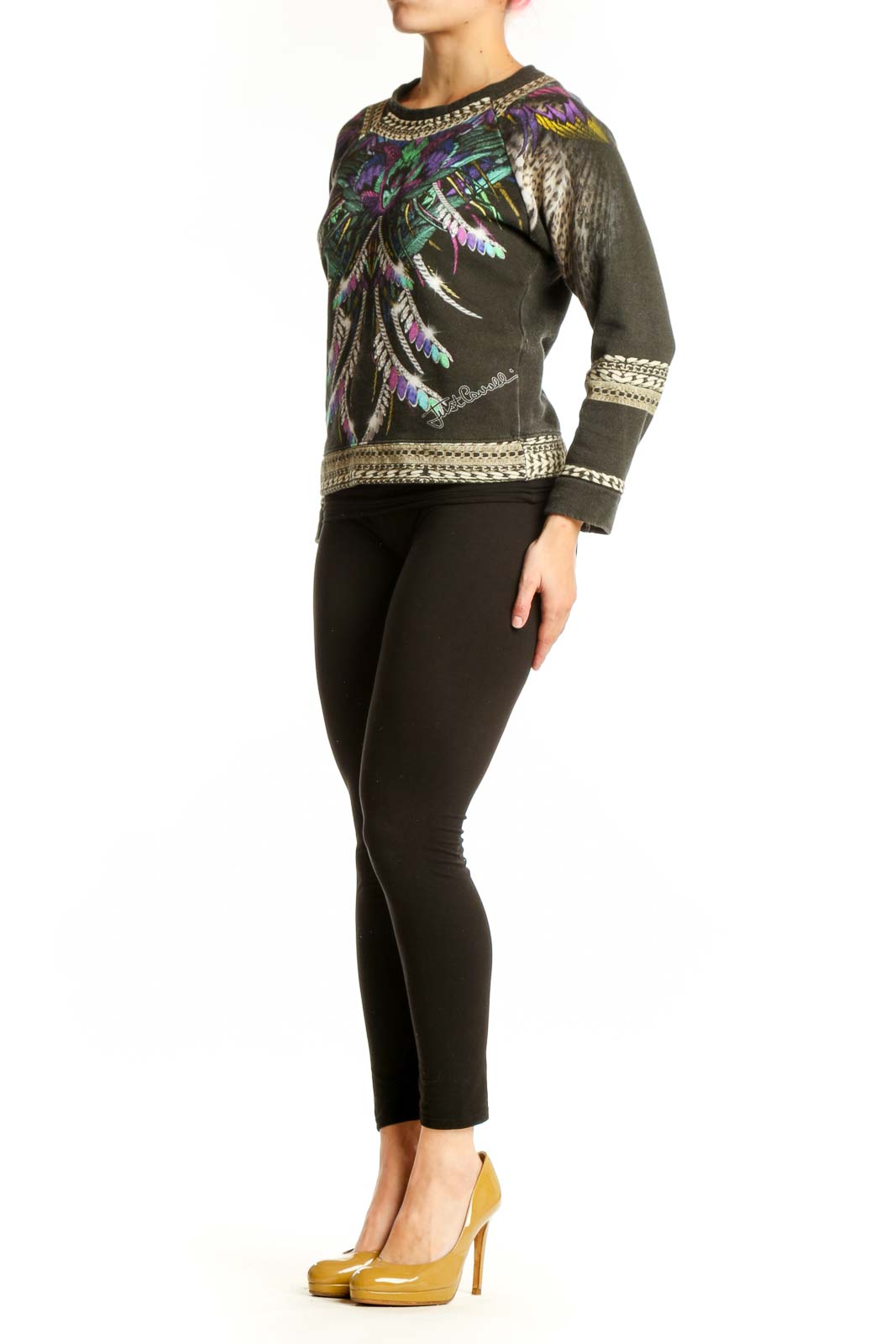 Black wool jacquard sweater with vibrant embroidered butterfly design and gold trim, front view
