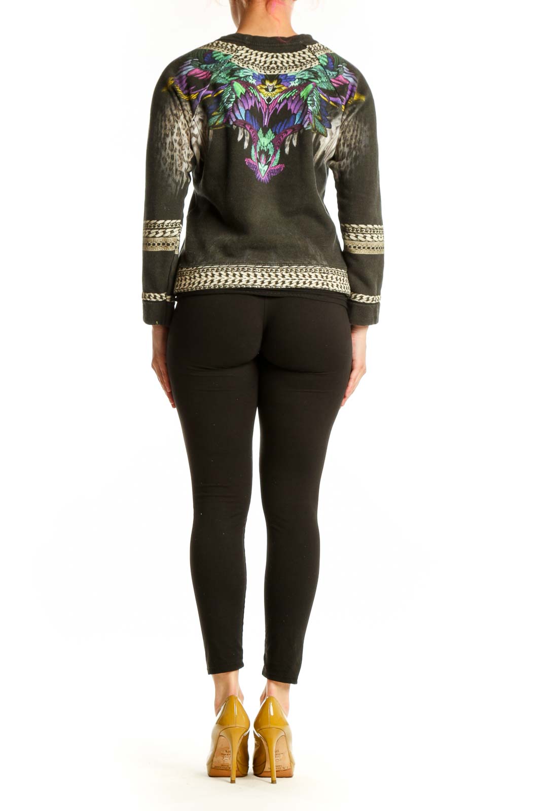 Black wool jacquard sweater with embroidered butterfly motif, back view showing design details