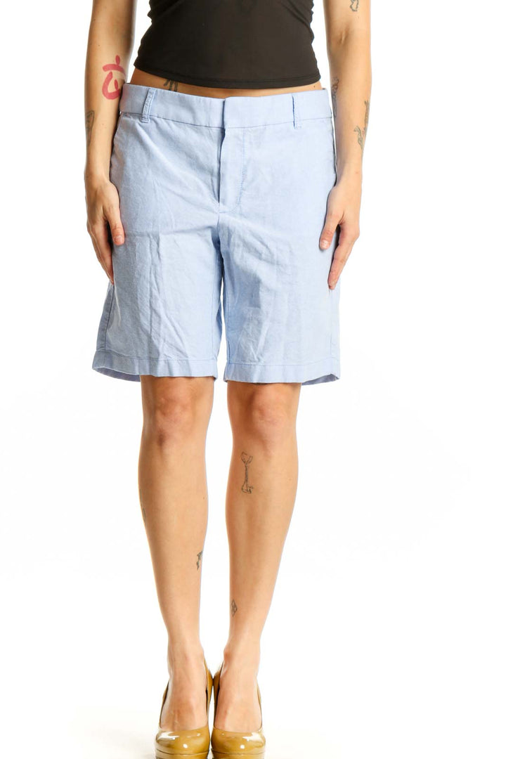 Front view of light blue cotton Bermuda shorts from J.Crew, size M, featuring a classic tailored fit and five-pocket design