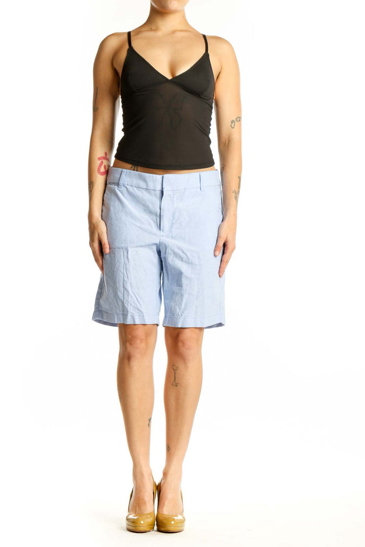 Front view of light blue cotton Bermuda shorts from J.Crew, size M, featuring a classic tailored fit and five-pocket design