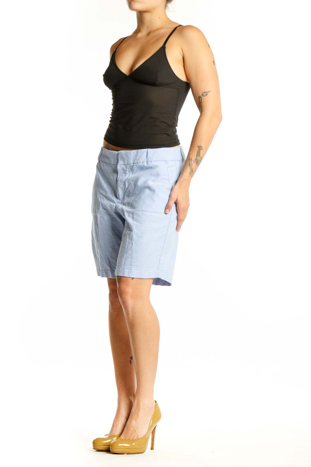 Front view of light blue cotton Bermuda shorts from J.Crew, size M, featuring a classic tailored fit and five-pocket design