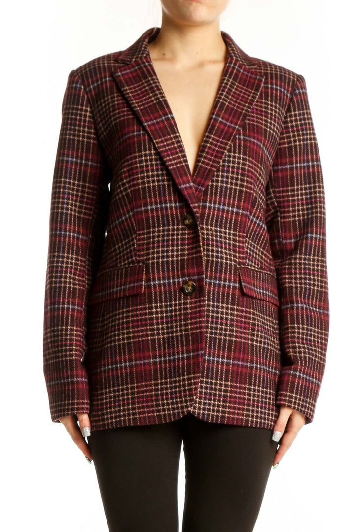 Ann Taylor burgundy plaid wool blazer with notched lapels and button-front closure, front view