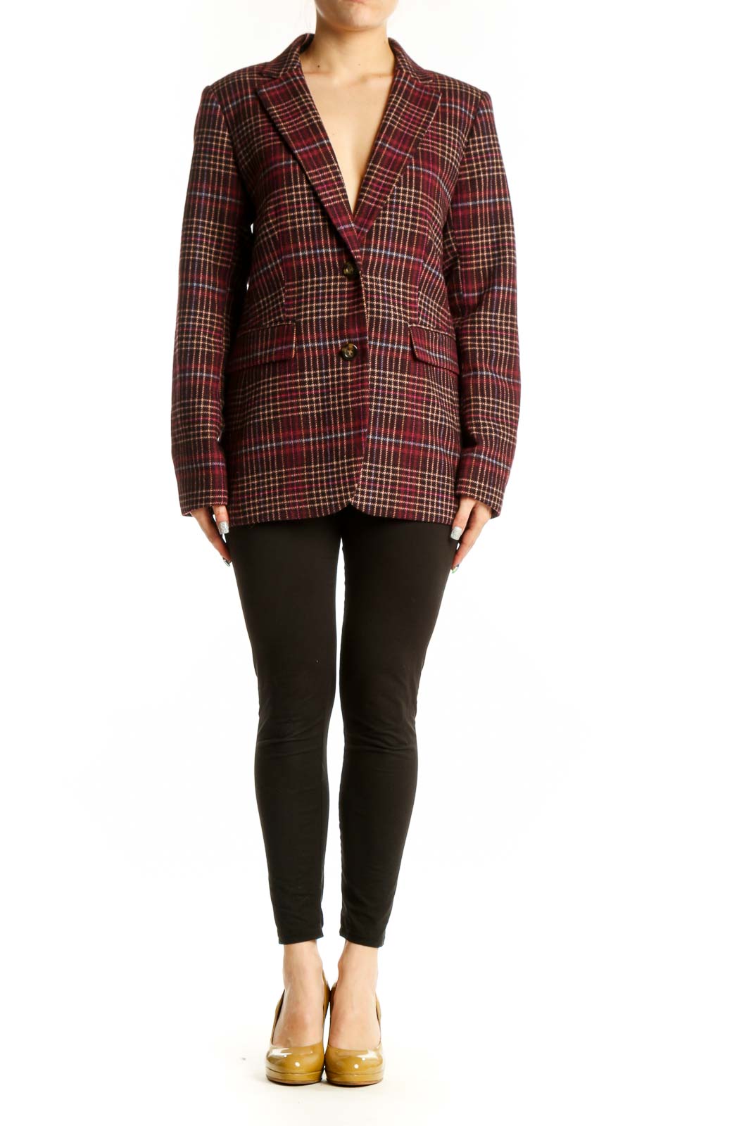 Ann Taylor burgundy plaid wool blazer with notched lapels and button-front closure, front view