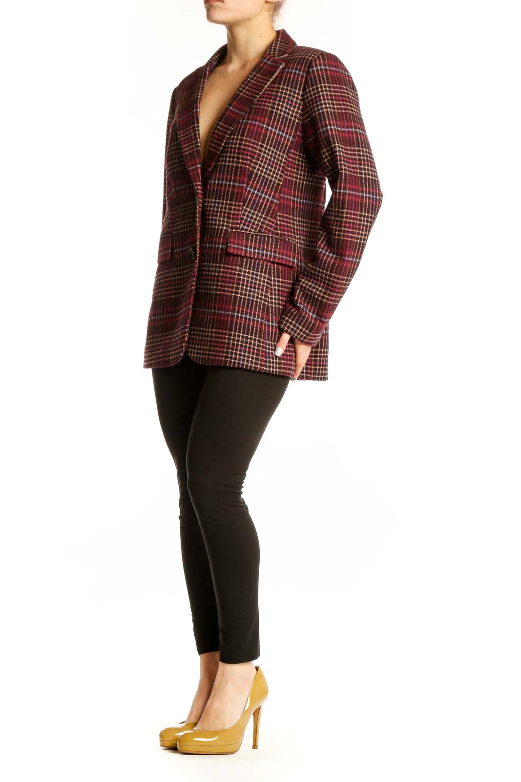 Ann Taylor burgundy plaid wool blazer with notched lapels and button-front closure, front view