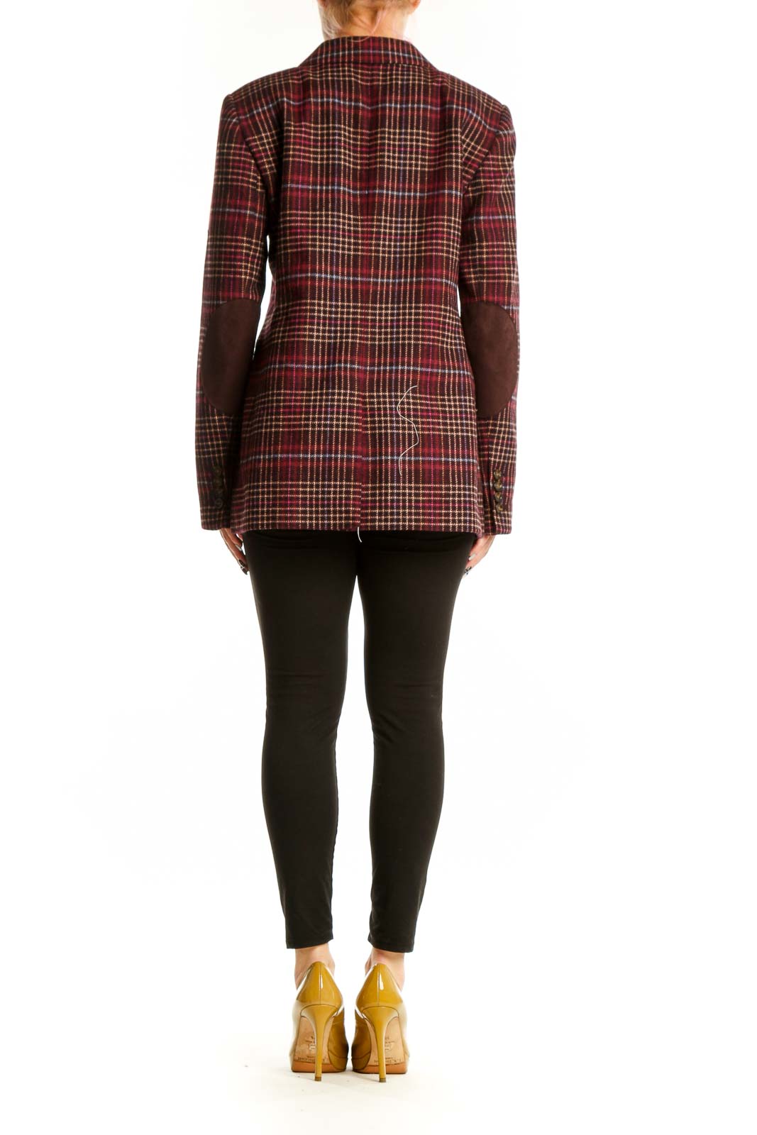 Ann Taylor burgundy plaid wool blazer back view showing tailored fit and structured silhouette