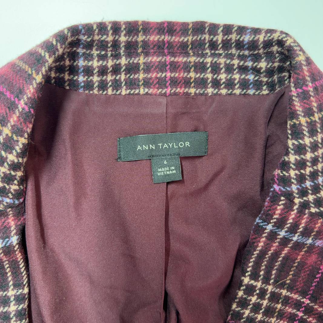 Ann Taylor burgundy plaid wool blazer back view showing tailored fit and structured silhouette