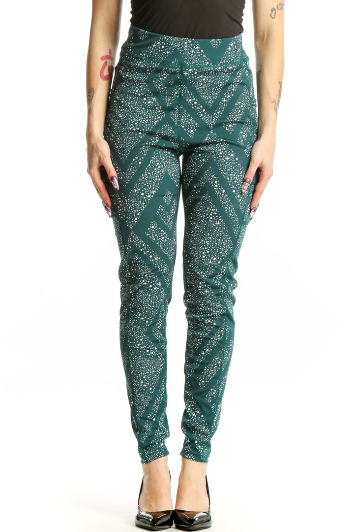 Front view of teal geometric sparkle activewear leggings by Pop Fit, size L, featuring high-waisted design and form-fitting silhouette