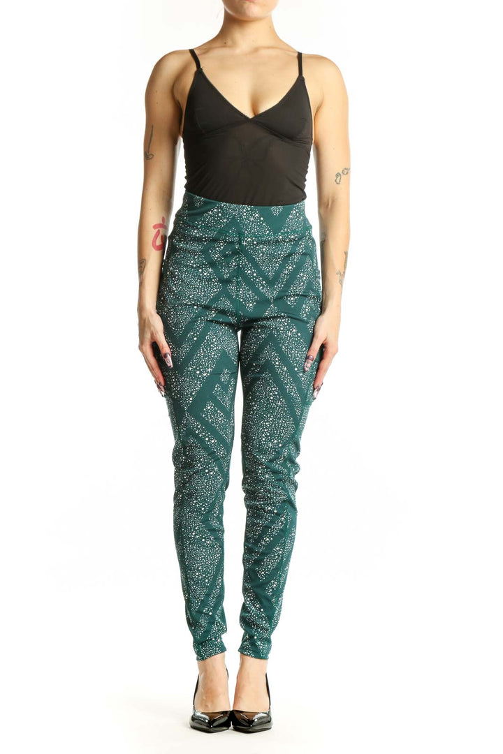 Front view of teal geometric sparkle activewear leggings by Pop Fit, size L, featuring high-waisted design and form-fitting silhouette