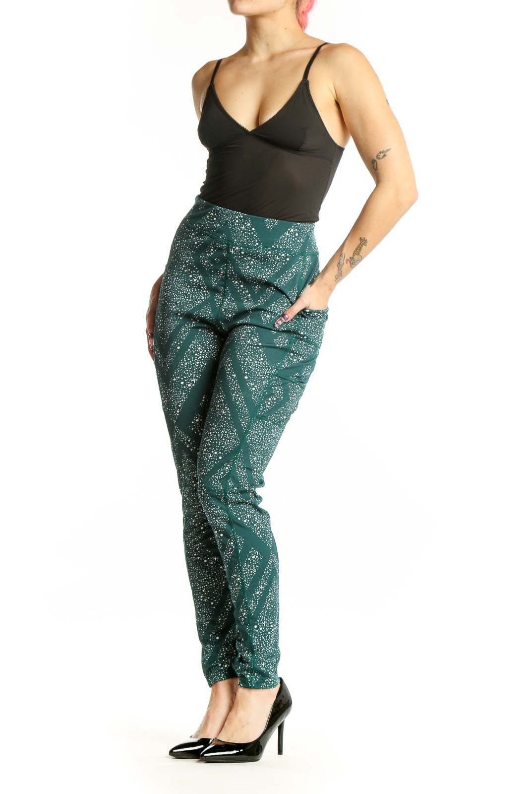 Front view of teal geometric sparkle activewear leggings by Pop Fit, size L, featuring high-waisted design and form-fitting silhouette