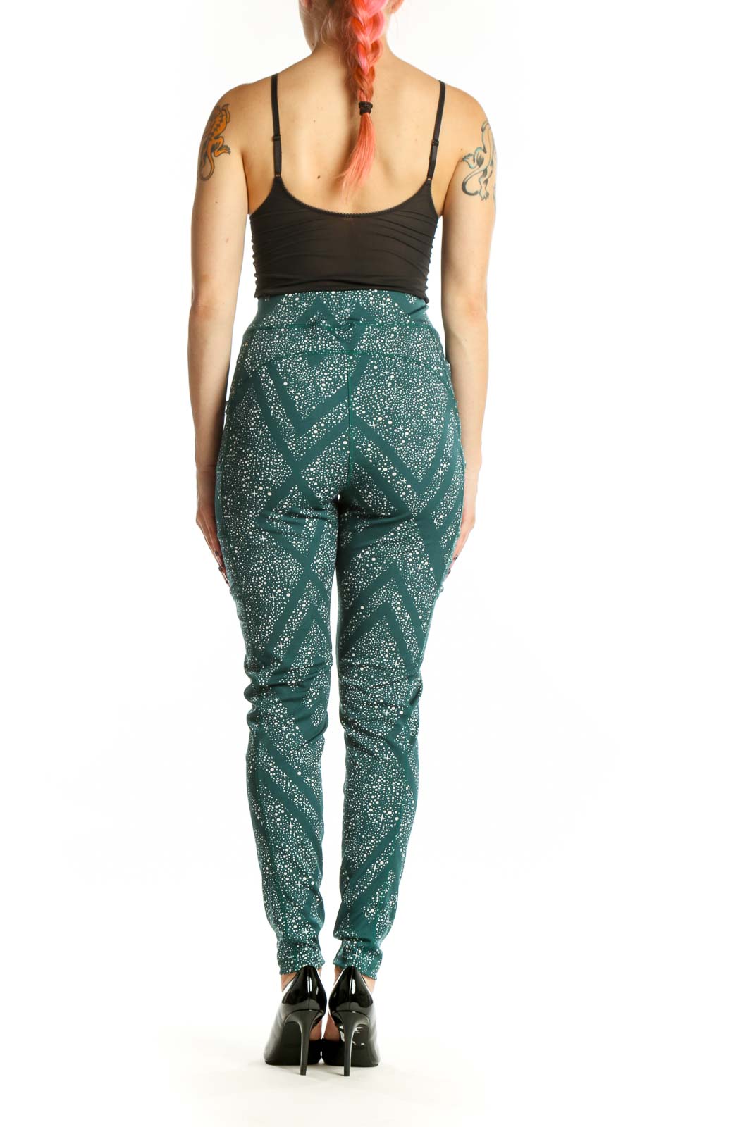 Back view of teal geometric sparkle activewear leggings by Pop Fit, size L, showing flattering fit and geometric pattern detail