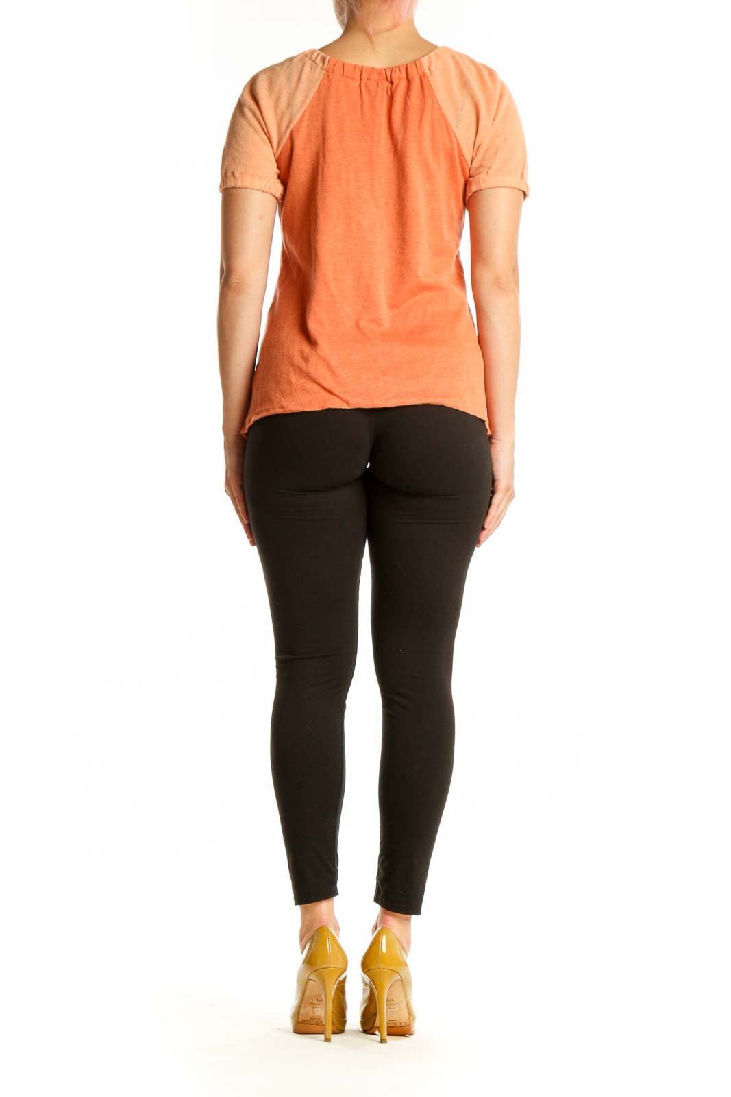 Free People orange ruched cotton-linen top with gathered fabric detail, back view on model