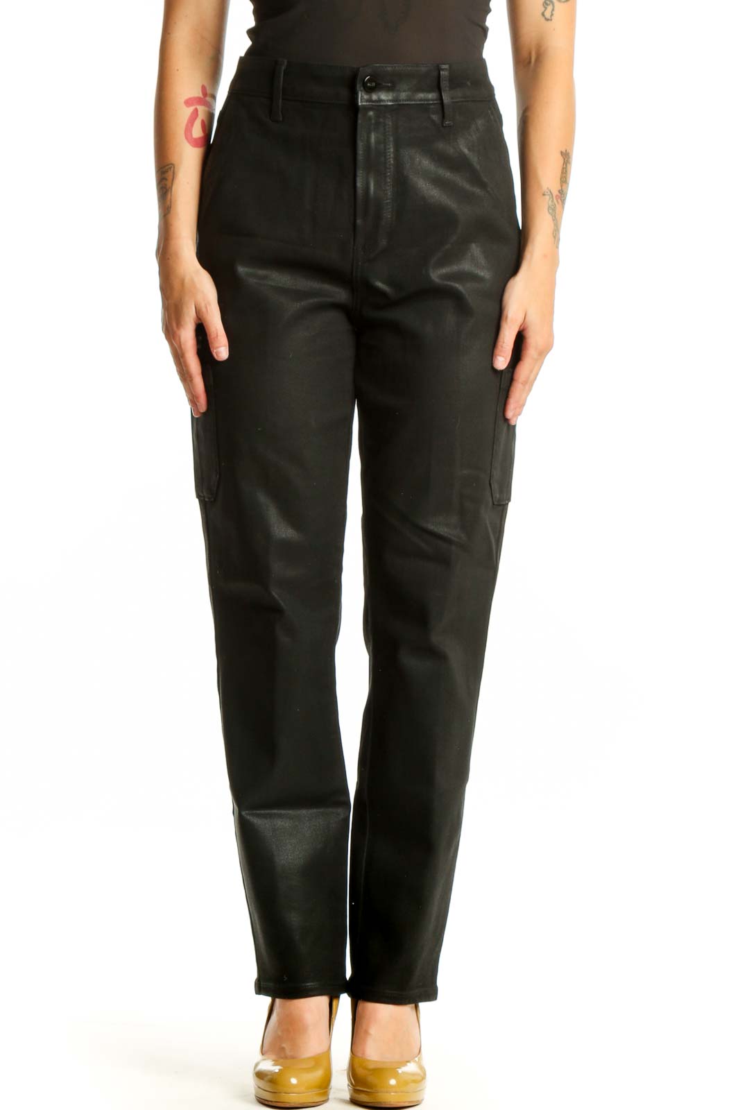 Black cargo denim pants by Paige with high-waisted fit and straight-leg cut, front view