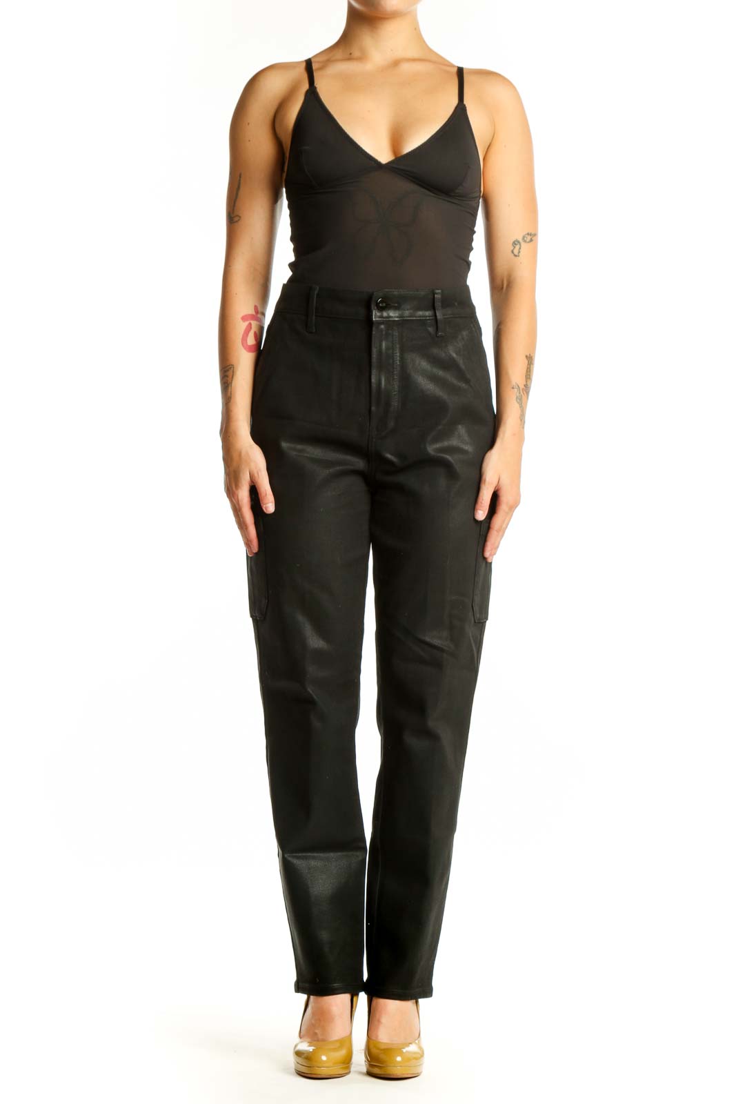 Black cargo denim pants by Paige with high-waisted fit and straight-leg cut, front view