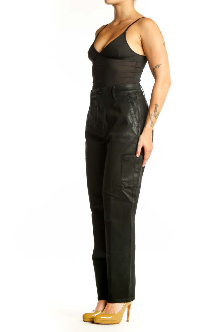 Black cargo denim pants by Paige with high-waisted fit and straight-leg cut, front view
