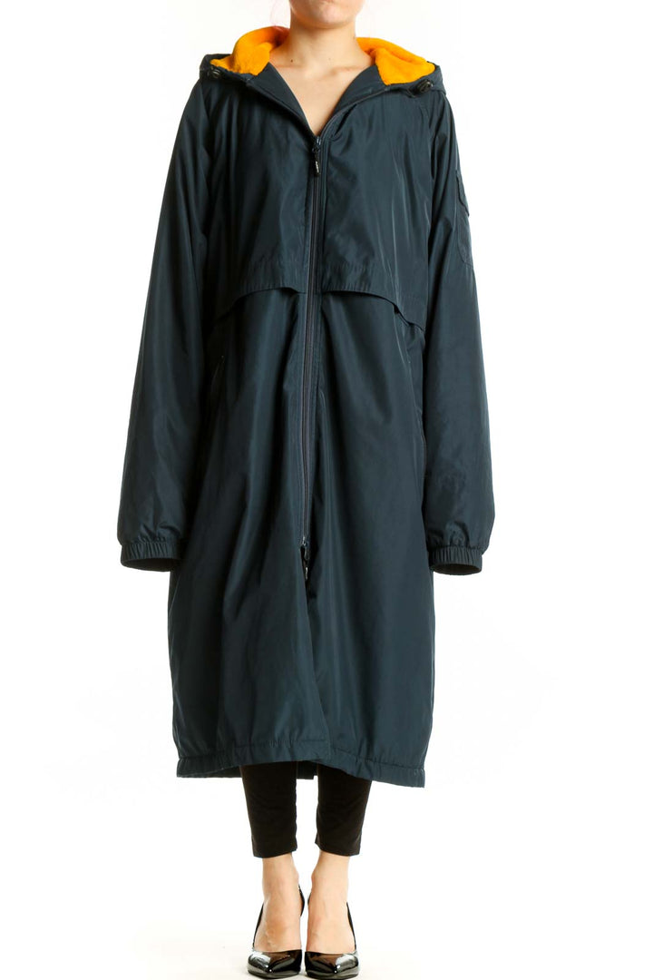 Navy hooded windbreaker jacket with gold lining, front view, XXL size