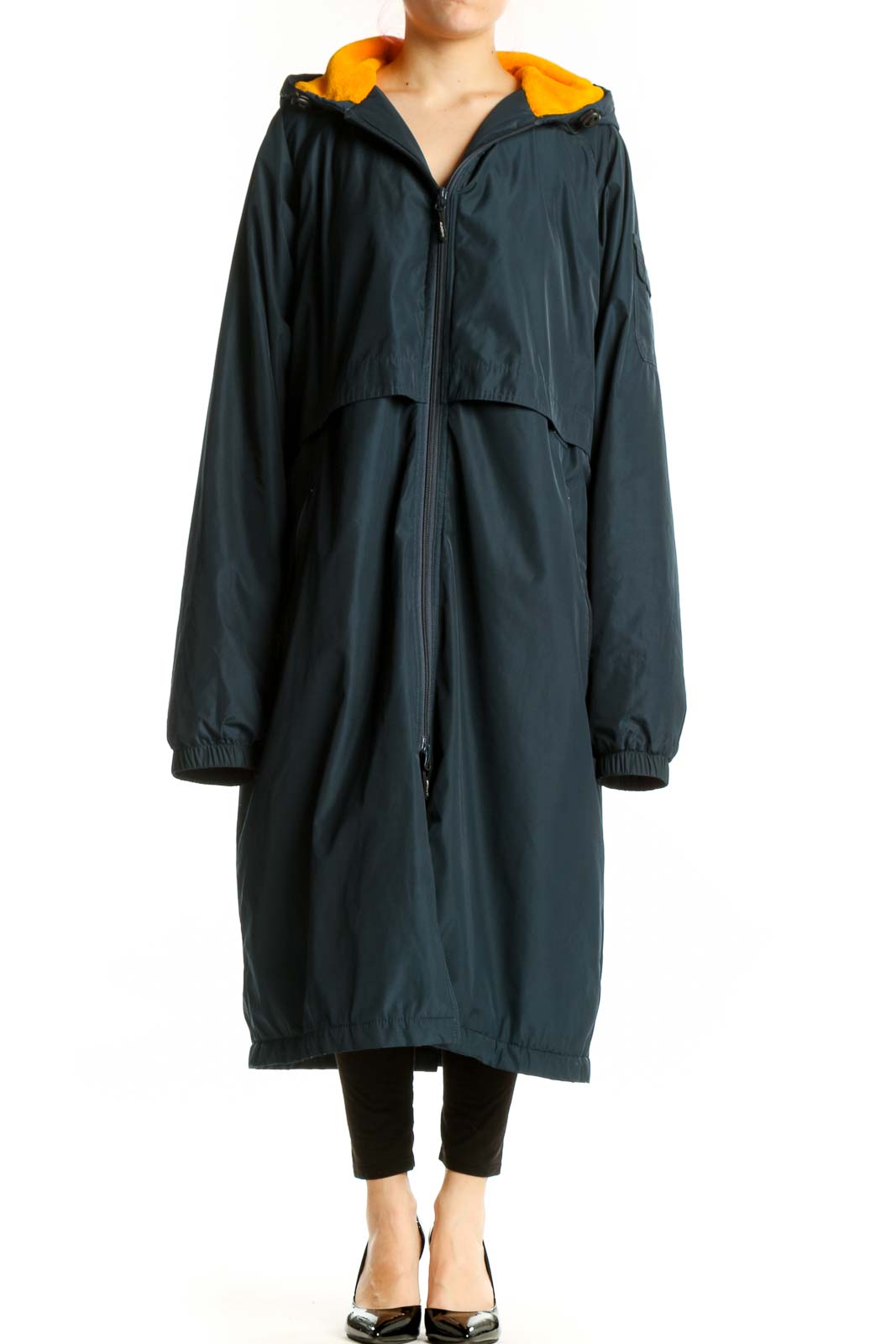 Navy hooded windbreaker jacket with gold lining, front view, XXL size