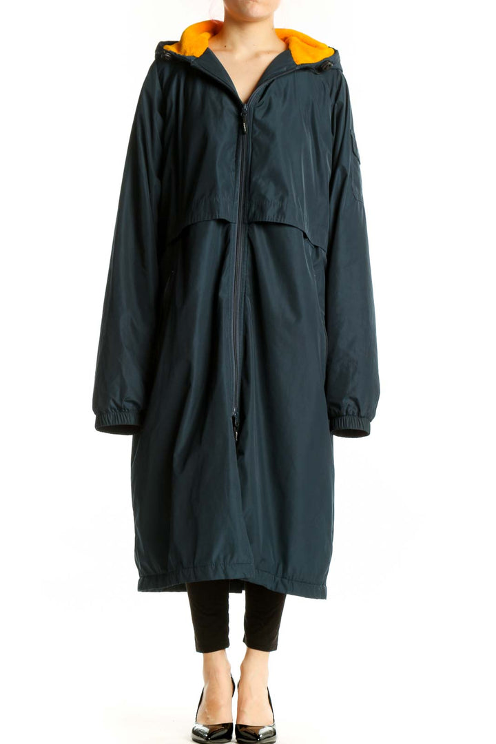 Navy hooded windbreaker jacket with gold lining, front view, XXL size