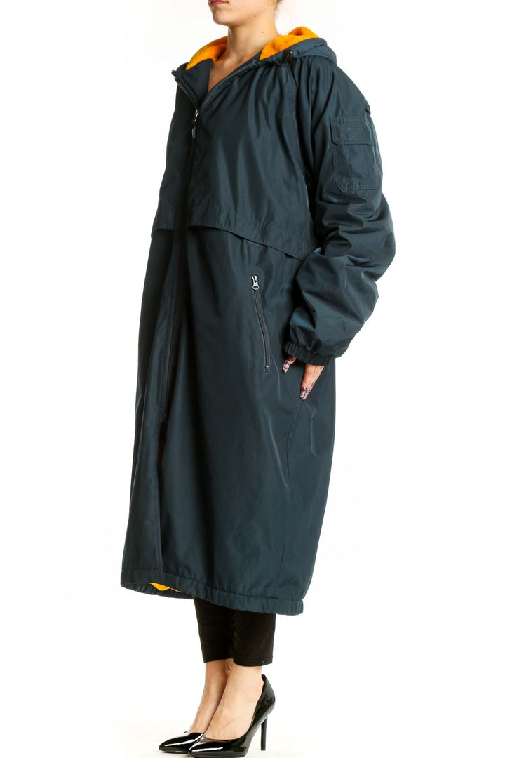 Navy hooded windbreaker jacket with gold lining, front view, XXL size