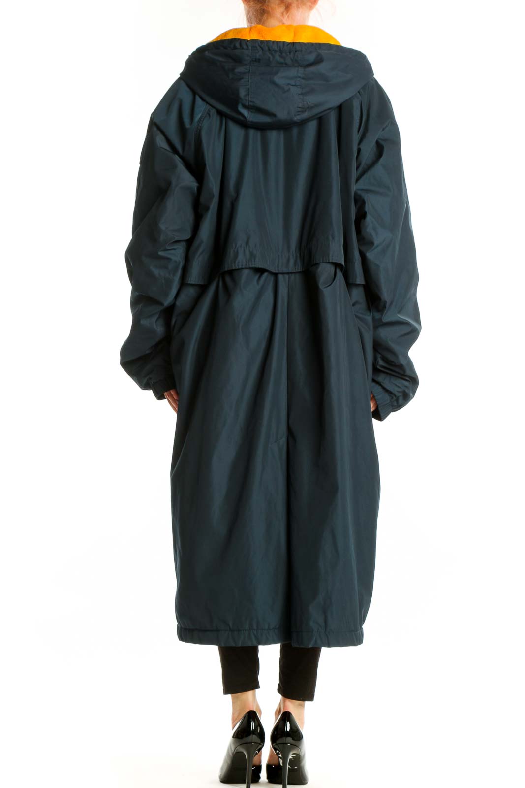 Navy hooded windbreaker jacket with gold lining, back view, XXL size